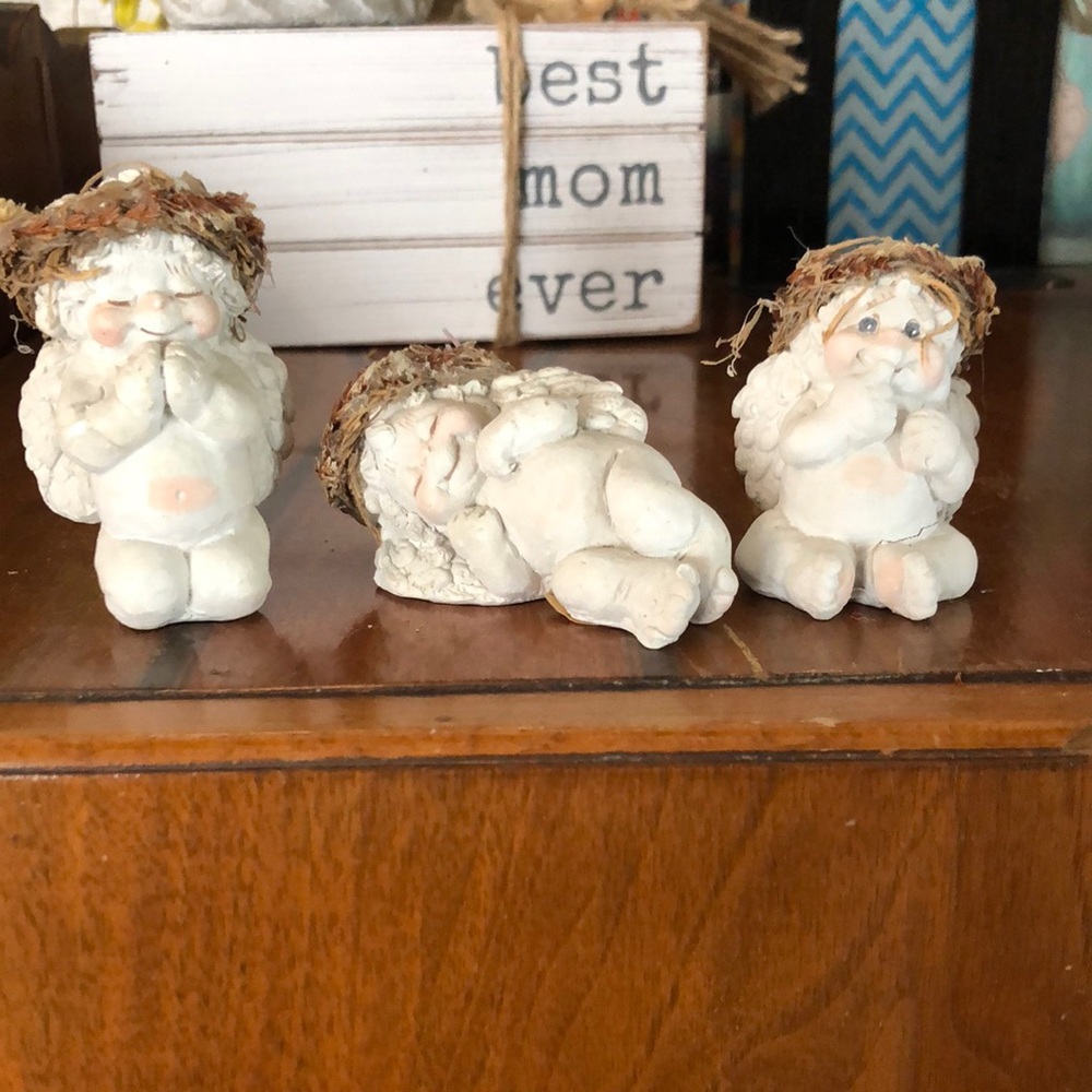 Set of Three Cherub Figurines with Straw Hats